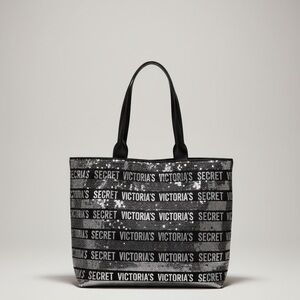 Victoria's Secret Black Sequin Logo Stripe Tote